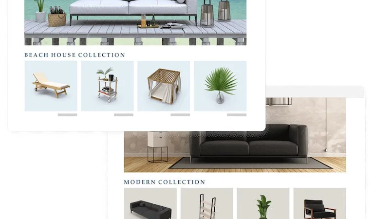 Two screenshots of an ecommerce site selling furniture, one displaying a beach house collection, the other one a modern collection.